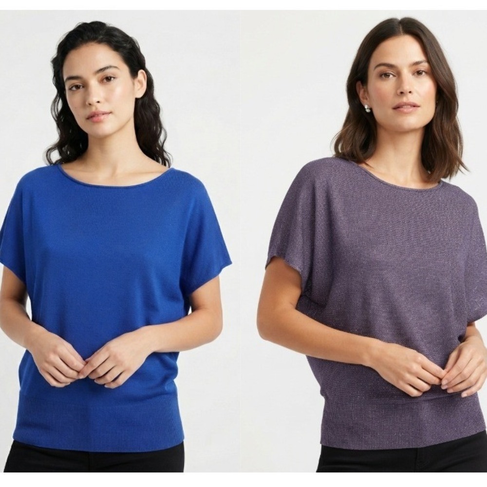 Michael Stars 2 Pack Vintage Dolman Short Sleeve Knit Tops Blue Purple One Size